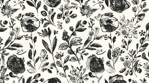 Elegant monochrome floral pattern featuring hand-drawn roses, leaves, and various botanical elements on a cream background, perfect for design.