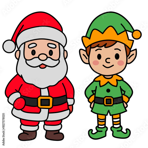 Cute Santa and Christmas Elf Character Set – Flat Cartoon Vector Illustration