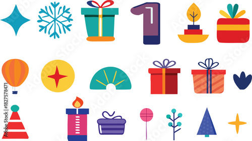 Collection of colorful festive icons and symbols for celebration and holidays