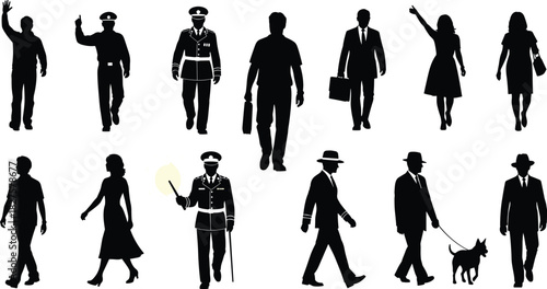 Large set of diverse people silhouettes, various walking and standing poses, different professions and casual figures, essential resource for lifestyle, public, and conceptual themes, isolated white 