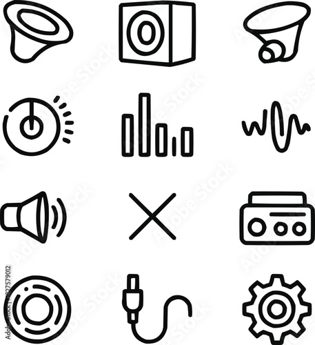 Car Audio Control Outline Icons Set Speakers, Equalizer, Volume Knob, and Stereo Elements