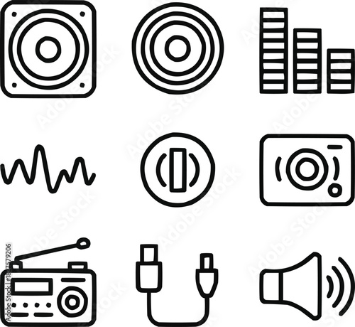 Car Audio Control Outline Icons Set Speakers, Equalizer, Volume Knob, and Stereo Elements