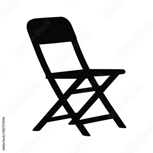 black plastic chair, Portable Folding Chair Icon Vector, Angled Silhouette of Collapsible Seat, Event or Outdoor Utility
