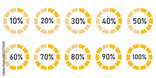 Circle percentage diagram. Radial pie charts displaying progress from 10% to 100%, perfect for data visualization, infographics, and loading indicators. Percentage number icon set