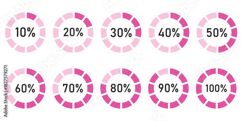 Circle percentage diagram. Radial pie charts displaying progress from 10% to 100%, perfect for data visualization, infographics, and loading indicators. Percentage number icon set