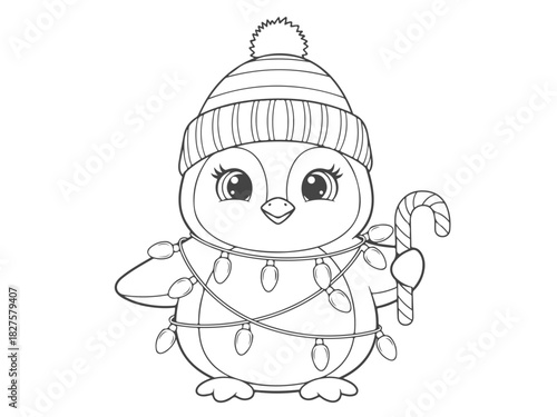 Cute Penguin Christmas Coloring Book Page for Kids - Adorable Penguin with Holiday Lights and Candy Cane