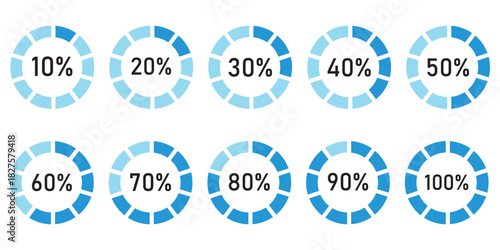 Circle percentage diagram. Radial pie charts displaying progress from 10% to 100%, perfect for data visualization, infographics, and loading indicators. Percentage number icon set