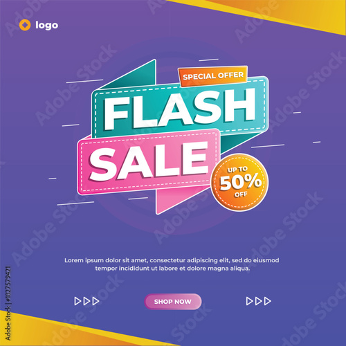 Vibrant flash sale announcement with 50 percent discount offer