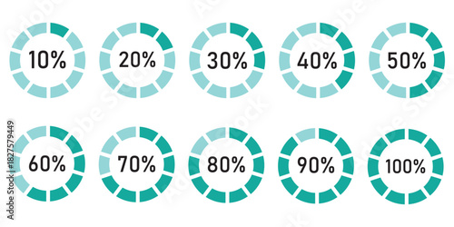 Circle percentage diagram. Radial pie charts displaying progress from 10% to 100%, perfect for data visualization, infographics, and loading indicators. Percentage number icon set