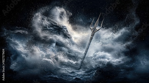 Fototapeta Naklejka Na Ścianę i Meble -  An artistic depiction of Poseidon, the Greek god of the sea, emerging from a stormy ocean with his trident, under dramatic lighting.