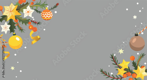Festive christmas tree branches adorned with ornaments and stars on a muted background with falling snow