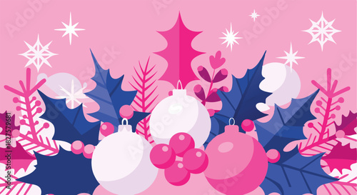 Festive pink and blue christmas ornaments and holly berries with snowflakes