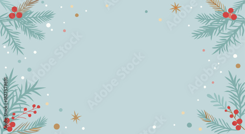 Soft winter christmas background with evergreen branches and red berries