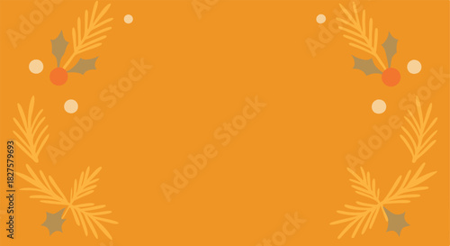 Decorative autumnal wreath elements with berries and leaves on a warm orange background