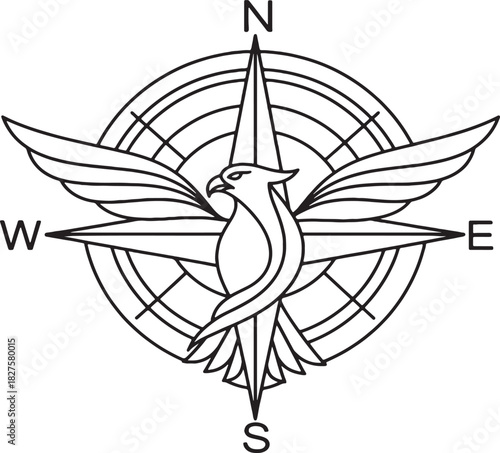 Stylized bird with wings integrated into compass rose, clean minimal geometric line art emblem