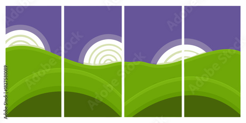 Abstract green hills landscape with rising sun in four panels