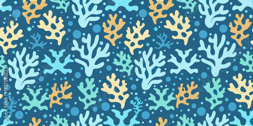 Seamless coral reef pattern with blue background and colorful coral shapes