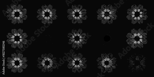 Floral pattern with varying degrees of detail on black background