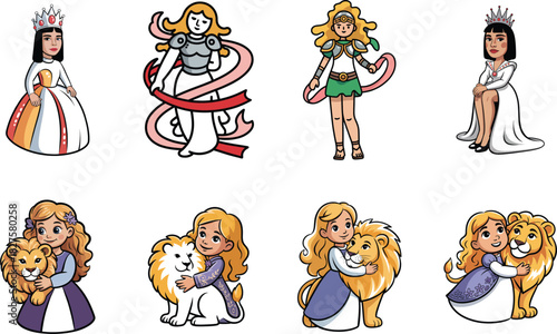 Set of eight cartoon style vector illustrations of female characters with lions and royalty
