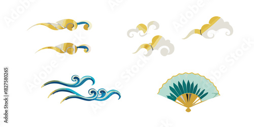 Elegant asian inspired design elements featuring clouds waves and a fan