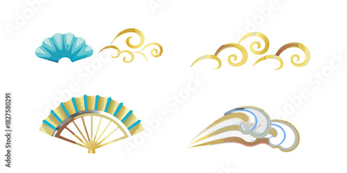 Japanese style fans and clouds with gold accents on black background
