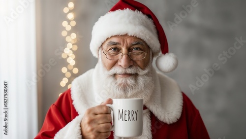 Santa holding a mug with “Merry” printed on it, close-up, ambient soft white light