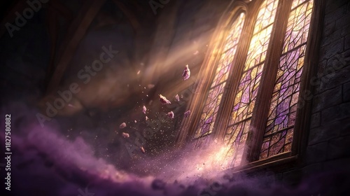 A dramatic interior scene featuring a stained glass window, illuminated by bright light beams and surrounded by floating objects and a purple haze.
