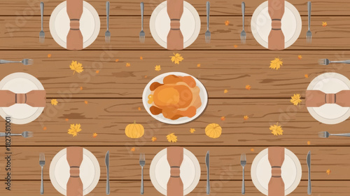 A festive Thanksgiving table setting, featuring plates, cutlery, napkins, and a delicious turkey centerpiece, ready for a family feast.