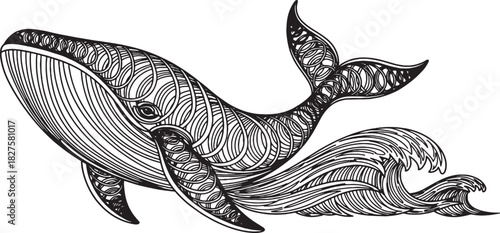 Intricate Whale Vector with Decorative Linework and Stylized Waves in Detailed Black Artwork