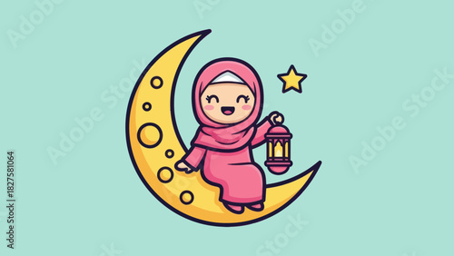Cartoon illustration of a smiling Muslim girl in hijab sitting on a crescent moon, holding a lantern with a star above.