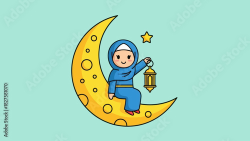 A cute cartoon Muslim girl in a blue hijab sitting on a yellow crescent moon, holding a traditional Ramadan lantern.