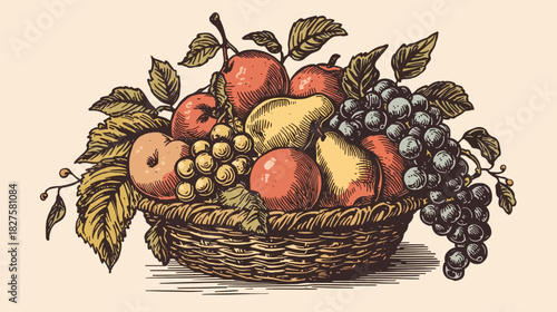 A vintage illustration showcases a woven basket overflowing with a vibrant assortment of fresh fruits, including apples, pears, and grapes, creating a still life.