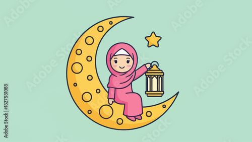 A cartoon illustration of a girl in a hijab holding a lantern while sitting on a crescent moon.