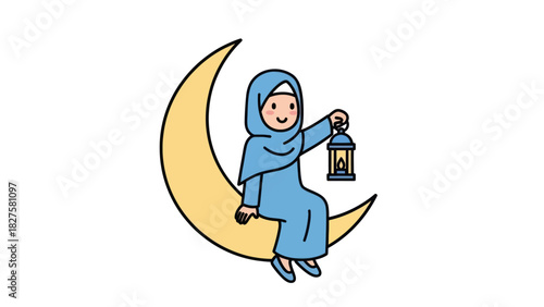 A cheerful Muslim girl wearing a blue hijab sits peacefully on a golden crescent moon, holding a traditional lantern.