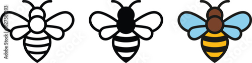 Solid black silhouette graphic of buzzing honeybee featuring body wings and stripes essential vector element