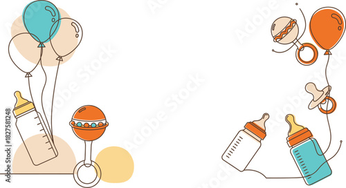 Whimsical hand drawn baby shower decorations featuring balloons baby bottles pacifiers and rattles creating a festive and joyful atmosphere for celebration