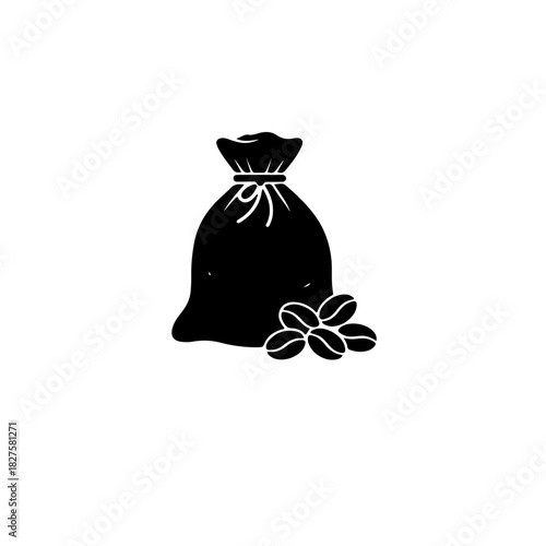 black and white icon depicting a tied jute coffee sack with several coffee beans visible spilling from the top. This graphic symbolizes wholesale trading, export, and the global supply chain of coffee