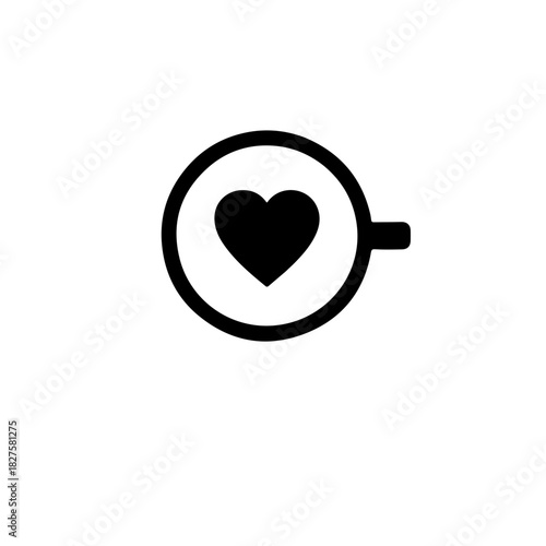 black and white icon of a coffee cup featuring a heart shape created in the foam as Latte Art. This symbol represents barista skill, passion, and the love for coffee and handcrafted beverages