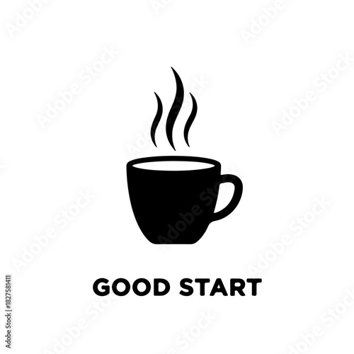 black and white icon of a simple coffee cup or mug with circular steam lines rising above it. This graphic represents a hot beverage, morning ritual, and the comforting aroma of a fresh brew