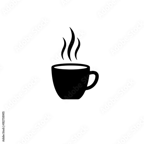 black and white icon of a simple coffee cup or mug with circular steam lines rising above it. This graphic represents a hot beverage, morning ritual, and the comforting aroma of a fresh brew