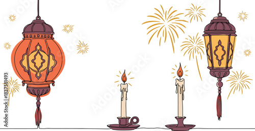 Decorative moroccan style lanterns and lit candles with a festive background of stylized fireworks and floral elements creating a celebratory and exotic atmosphere for special occasions and holidays