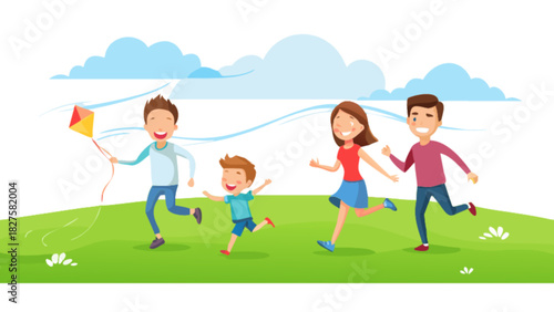 Happy family flying kite together outdoor vector illustration for family fun and recreation activities design