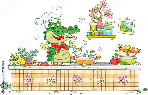 Funny green crocodile cooking an original vegetarian tasty soup with fresh vegetables and spices in a cozy home kitchen, vector cartoon illustration isolated on a white background