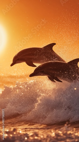 Dolphins playing in the waves at a golden sunset. Marine animal movement.
