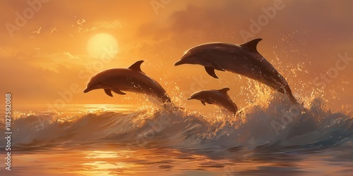 Dolphins surfing ocean waves at golden sunset, dynamic marine wildlife motion
