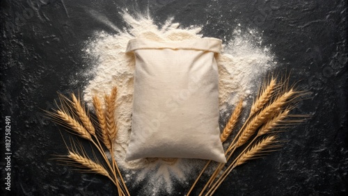 A sack of flour surrounded by wheat stalks on a dark textured surface, creating a rustic and agricultural aesthetic.
