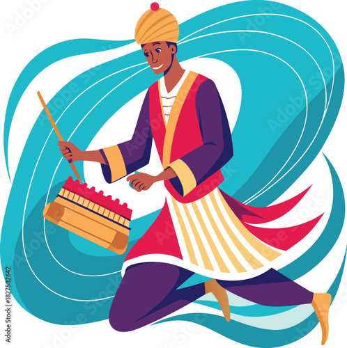 Traditional Middle Eastern musician playing santur instrument for cultural heritage and folklore concept illustration