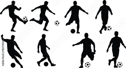 Set of eight black vector silhouettes depicting soccer players in various action poses, kicking and dribbling a ball, isolated on a white background for sports design.