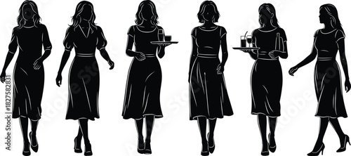 Set of six elegant black female silhouettes, featuring women walking and waitresses holding serving trays with drinks, isolated on a white background for design projects.