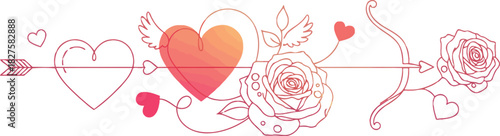 A whimsical illustration featuring a vibrant red heart pierced by an arrow with a cupid s bow and arrow on one side and a delicate rose on the other symbolizing love and romance
